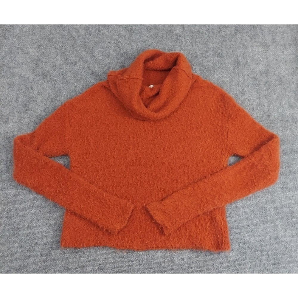 Free People Sweater XS Orange Cowl Neck Stormy Fuzzy Stretch Eyelash Slouch READ